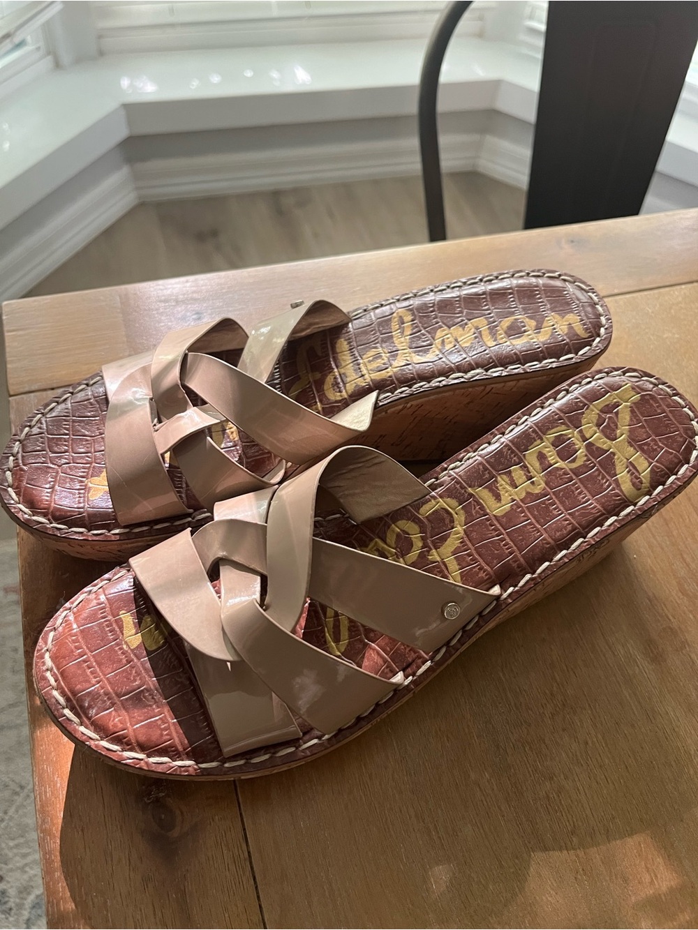 Sam Edelman Patent Nude/Taupe Woven Slide Sandals